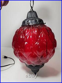 Vintage Leviton Red Glass Swag Lamp Chain Hanging Ceiling Light Fixture MCM