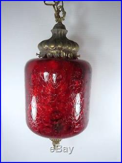 Vintage Lg Coin Dot Art Glass Hanging Swag Light Lamp Retro Red Crackle Glass