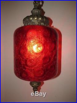 Vintage Lg Coin Dot Art Glass Hanging Swag Light Lamp Retro Red Crackle Glass