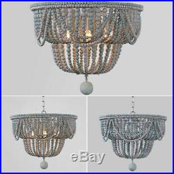 Vintage Light Pendant Fitting Wooden 2-Tier Chandelier Beaded Hanging Lamp Kits