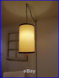 Vintage Linen Drum Shade Swag Lamp with Teak Detail Hanging Light Mid Century