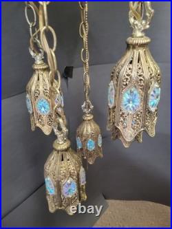 Vintage Loevsky & Loevsky Brass Tulip Swag Lamp 5 Light Tiered Hollywood Regency