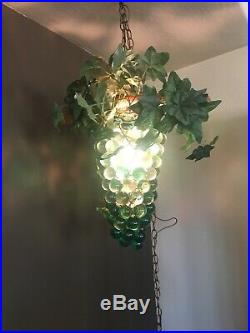 Vintage Lucite Green Glass Grape Cluster Hanging Lucite Grapes Lighted Swag Lamp