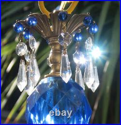 Vintage Lucite Sapphire Blue Swag Lamp Chandelier Crystal Beaded Prisms smooth b