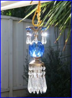 Vintage Lucite Sapphire Blue beads SWAG lamp chandelier crystal prism lighting 