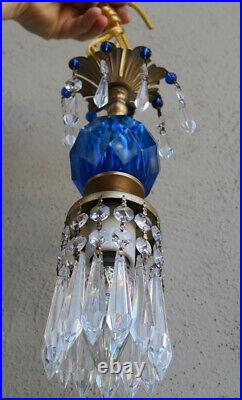 Vintage Lucite Sapphire Blue Swag Lamp Chandelier Crystal Beaded Prisms smooth b
