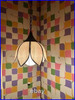Vintage MCM 1970s Lt. Pink Tulip Slag Glass Swag Hanging Light Fixture withChain