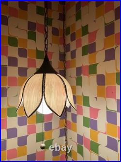 Vintage MCM 1970s Lt. Pink Tulip Slag Glass Swag Hanging Light Fixture withChain