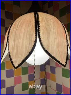 Vintage MCM 1970s Lt. Pink Tulip Slag Glass Swag Hanging Light Fixture withChain