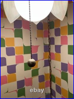 Vintage MCM 1970s Lt. Pink Tulip Slag Glass Swag Hanging Light Fixture withChain