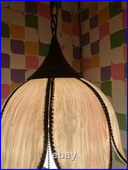Vintage MCM 1970s Lt. Pink Tulip Slag Glass Swag Hanging Light Fixture withChain