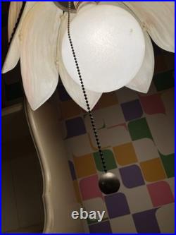 Vintage MCM 1970s Lt. Pink Tulip Slag Glass Swag Hanging Light Fixture withChain