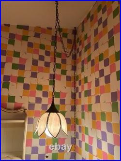 Vintage MCM 1970s Lt. Pink Tulip Slag Glass Swag Hanging Light Fixture withChain