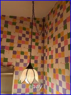 Vintage MCM 1970s Lt. Pink Tulip Slag Glass Swag Hanging Light Fixture withChain