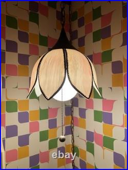 Vintage MCM 1970s Lt. Pink Tulip Slag Glass Swag Hanging Light Fixture withChain