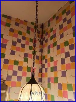 Vintage MCM 1970s Lt. Pink Tulip Slag Glass Swag Hanging Light Fixture withChain