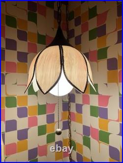 Vintage MCM 1970s Lt. Pink Tulip Slag Glass Swag Hanging Light Fixture withChain