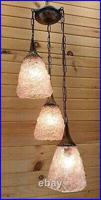 Vintage MCM 60s Tri-Swag Light Ribbon Lucite Hanging Lamp
