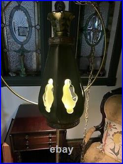 Vintage MCM 70's Ceramic Hanging Swag Lamp Light Avocado Green Gold Cut outs