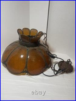 Vintage MCM Amber Carmel 8 Panel Hanging Slag Glass Light 11 x 18 withglobe