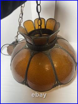 Vintage MCM Amber Carmel 8 Panel Hanging Slag Glass Light 11 x 18 withglobe