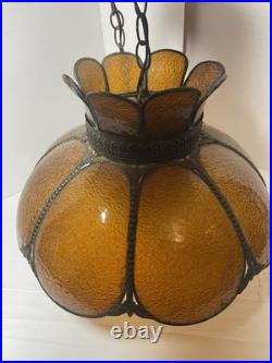 Vintage MCM Amber Carmel 8 Panel Hanging Slag Glass Light 11 x 18 withglobe