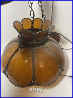 Vintage MCM Amber Carmel 8 Panel Hanging Slag Glass Light 11 x 18 withglobe