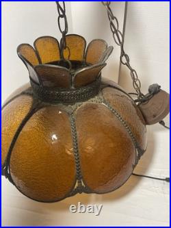 Vintage MCM Amber Carmel 8 Panel Hanging Slag Glass Light 11 x 18 withglobe