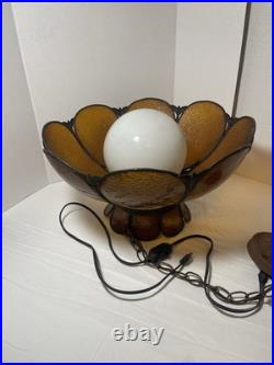 Vintage MCM Amber Carmel 8 Panel Hanging Slag Glass Light 11 x 18 withglobe