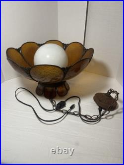 Vintage MCM Amber Carmel 8 Panel Hanging Slag Glass Light 11 x 18 withglobe