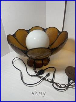 Vintage MCM Amber Carmel 8 Panel Hanging Slag Glass Light 11 x 18 withglobe