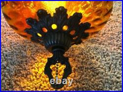 Vintage MCM Amber Dimpled Glass Hanging Ceiling Swag Lamp Light Diffuser Org