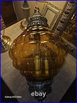 Vintage MCM Amber Glass/Brass Bubble Pendant Hanging Lamp/Light