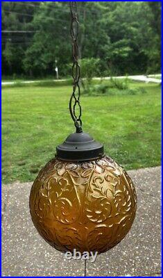 Vintage MCM Amber Globe Hanging Swag Lamp with Long Chain Tested And Working