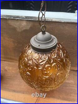 Vintage MCM Amber Globe Hanging Swag Lamp with Long Chain Tested And Working