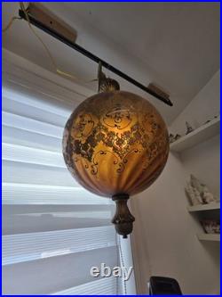 Vintage MCM Amber Hanging Swag Lamp Hollywood Regency Globe Parlor Light 18