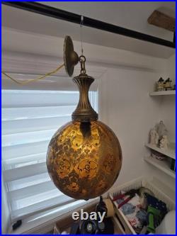 Vintage MCM Amber Hanging Swag Lamp Hollywood Regency Globe Parlor Light 18