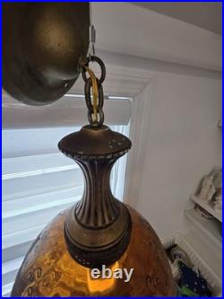 Vintage MCM Amber Hanging Swag Lamp Hollywood Regency Globe Parlor Light 18