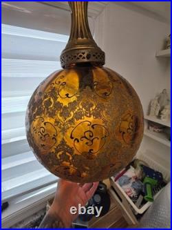 Vintage MCM Amber Hanging Swag Lamp Hollywood Regency Globe Parlor Light 18