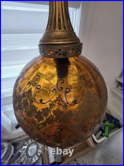 Vintage MCM Amber Hanging Swag Lamp Hollywood Regency Globe Parlor Light 18
