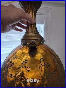 Vintage MCM Amber Hanging Swag Lamp Hollywood Regency Globe Parlor Light 18