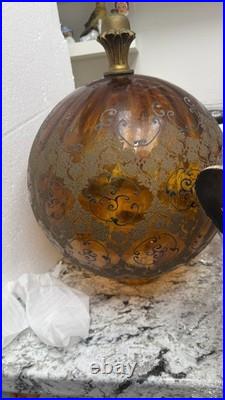 Vintage MCM Amber Hanging Swag Lamp Hollywood Regency Globe Parlor Light 18