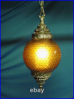 Vintage MCM Amber Hobnail Glass Light Lamp Pendant Ceiling 18 Foyer Globe