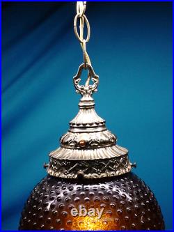Vintage MCM Amber Hobnail Glass Light Lamp Pendant Ceiling 18 Foyer Globe
