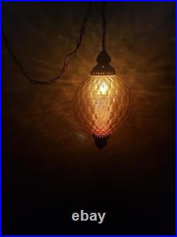 Vintage MCM Amber Honeycomb Glass Globe Swag Pendant Lamp 1960s 70s Ships