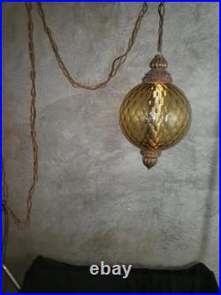 Vintage MCM Amber Honeycomb Glass Globe Swag Pendant Lamp 1960s 70s Ships
