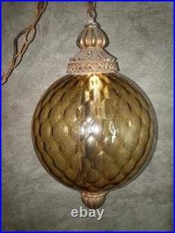 Vintage MCM Amber Honeycomb Glass Globe Swag Pendant Lamp 1960s 70s Ships