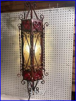 Vintage MCM Amber Red Glass Hanging Swag Lamp Light Wrought Iron 36 Tall