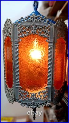 Vintage MCM Brass Hanging Swag Light Fixture 6 amber textured Panels GIM Gothic