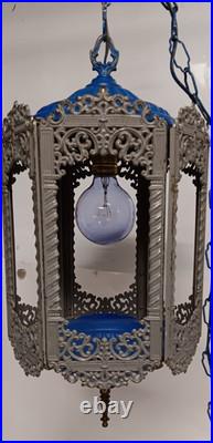 Vintage MCM Brass Hanging Swag Light Fixture 6 amber textured Panels GIM Gothic